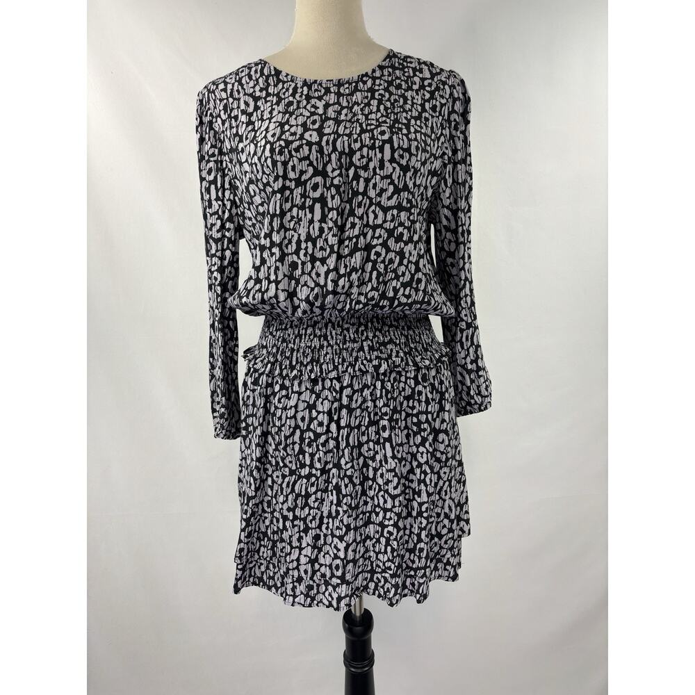 Rails Inez Mini Dress Black White Batik Cheetah Animal Print Medium Smocked